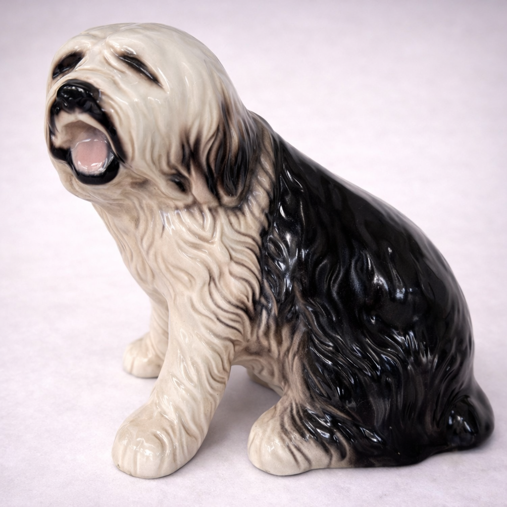 Large Vintage Old English Sheepdog Ceramic Statue – Mid-Century Black & White Glazed Dog Sculpture