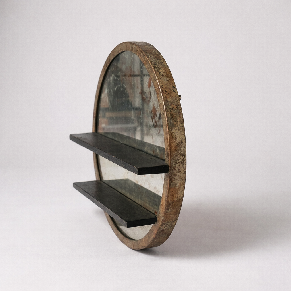 Antique Large Industrial Circular Mirror with Shelves — view 4