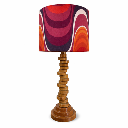Vintage Teak Wood Tower Lamp with Barbara Brown Frequency Shade for Heals by Lightfandango