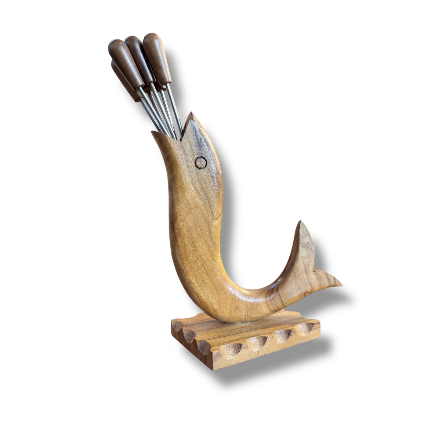 Mid-Century Olive Wood Fish-Form Knife & Pick Holder