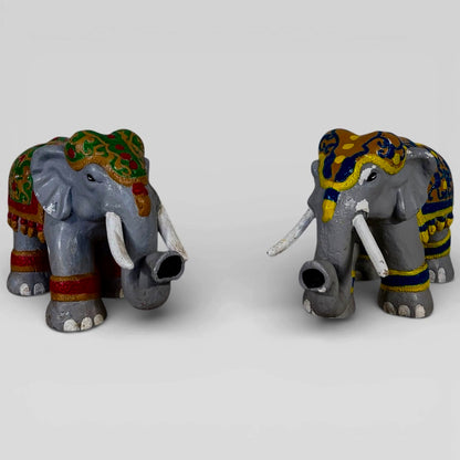 Pair of Hand Painted Indian Elephant Sculptures | Decorative Folk Art Figures