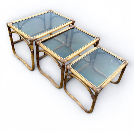 Mid Century bamboo and smoked glass nest of tables