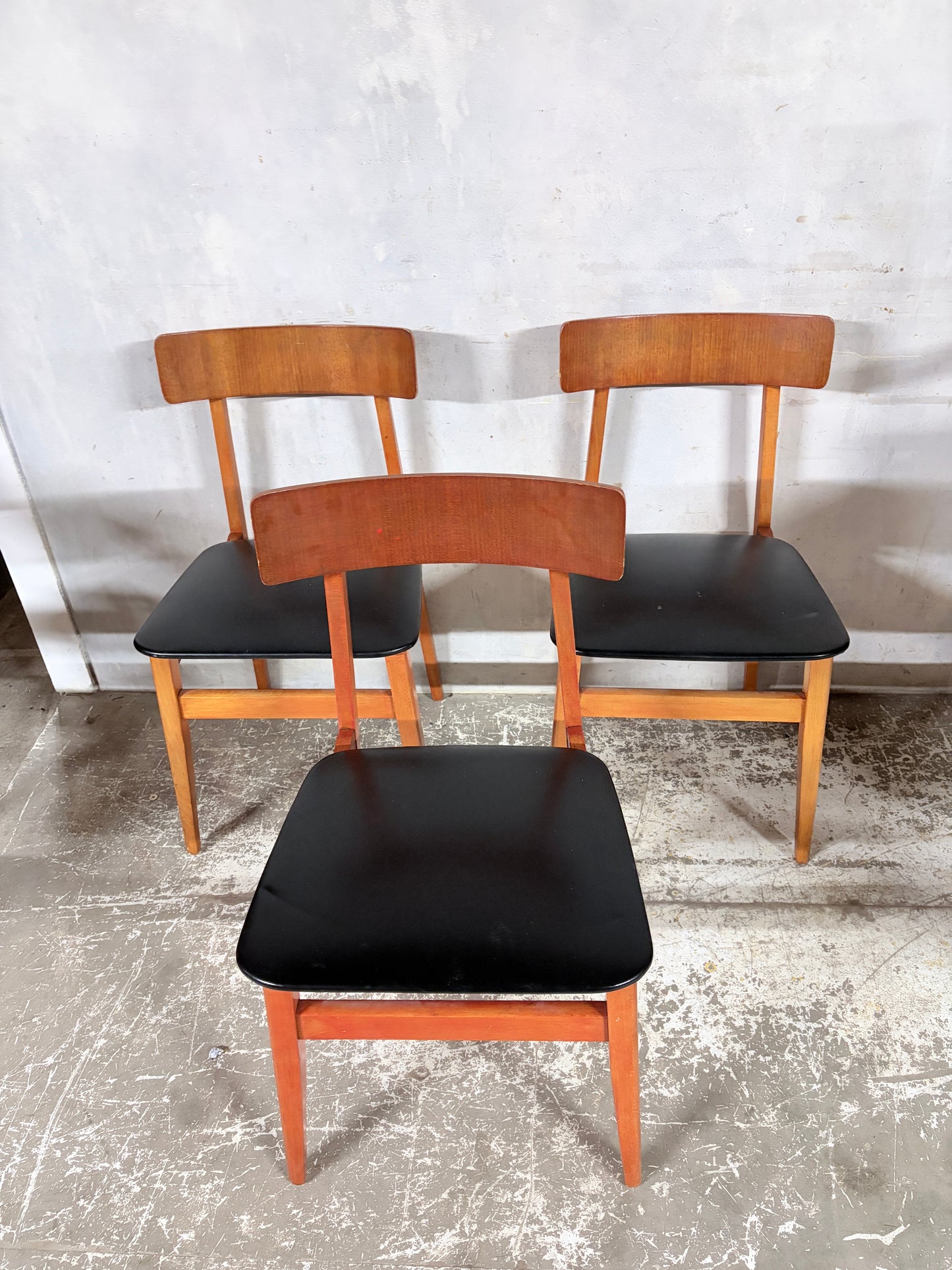 Mid Century Danish Teak Dining Chairs – Set of 3, Black Vinyl Seats
