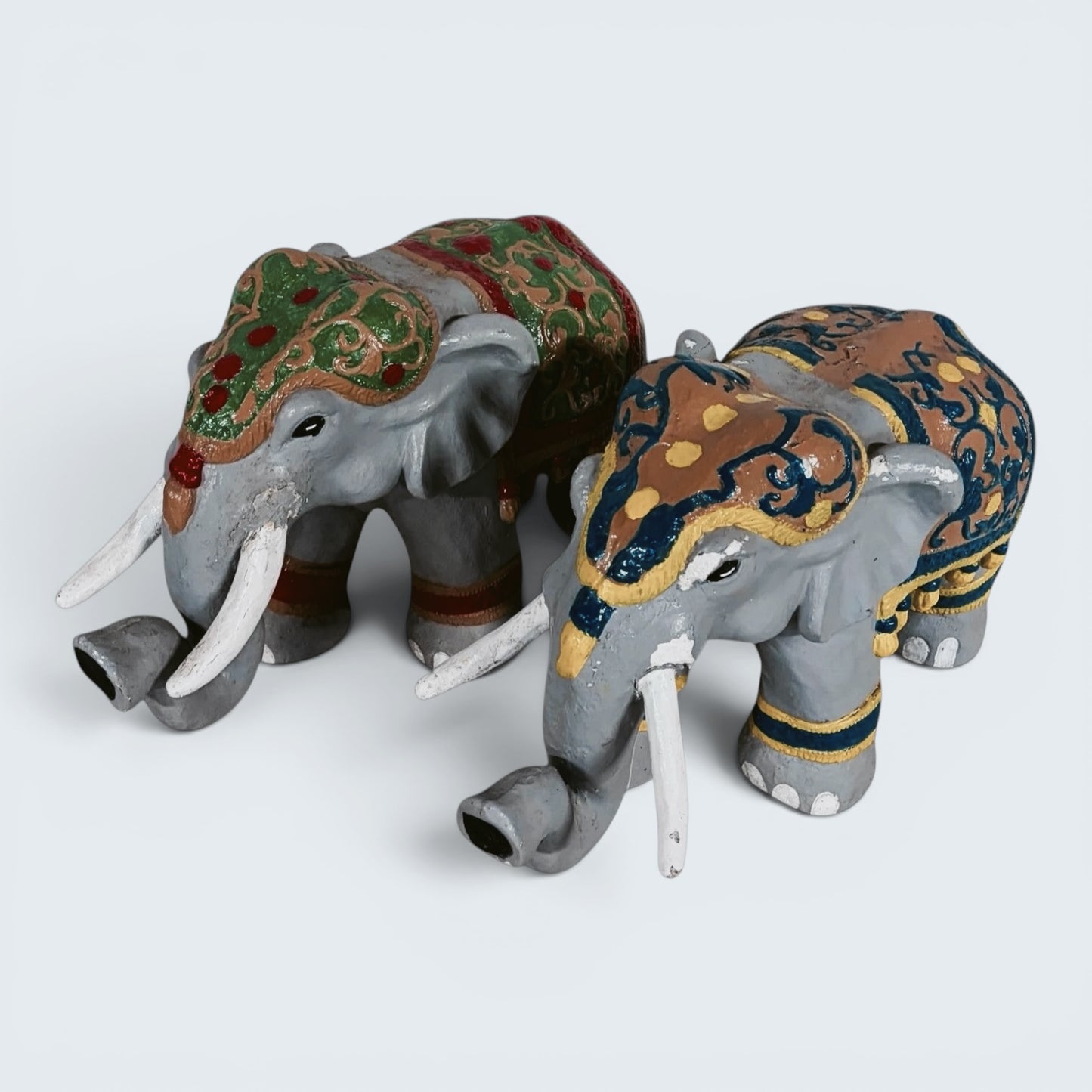 Pair of Hand Painted Indian Elephant Sculptures | Decorative Folk Art Figures