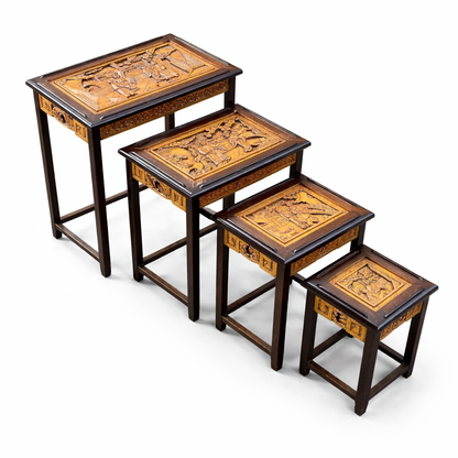 Antique Chinese Camphor Wood Nest of Four Tables with Hand-Carved Panels