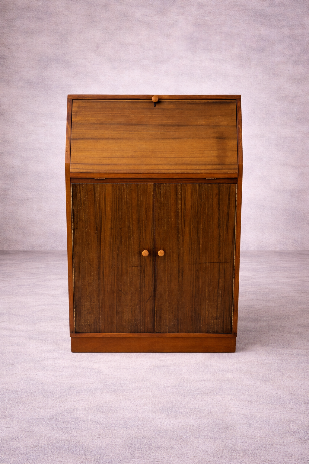 Mid Century Teak & Walnut Bureau Desk by Morris of Glasgow – Drop Front Writing Cabinet