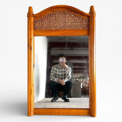 Antique Farmhouse Mirror – Large English Pine Rustic Wall Mirror with Arched Wicker Panel