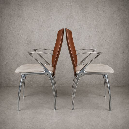 Vintage Futuristic Sculptural Chairs – Japanese Chrome Aluminium Armchairs
