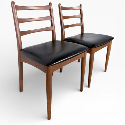 Mid Century Dining Chairs – Teak Ladder Back with Black Vinyl Seats, Vintage Comfort