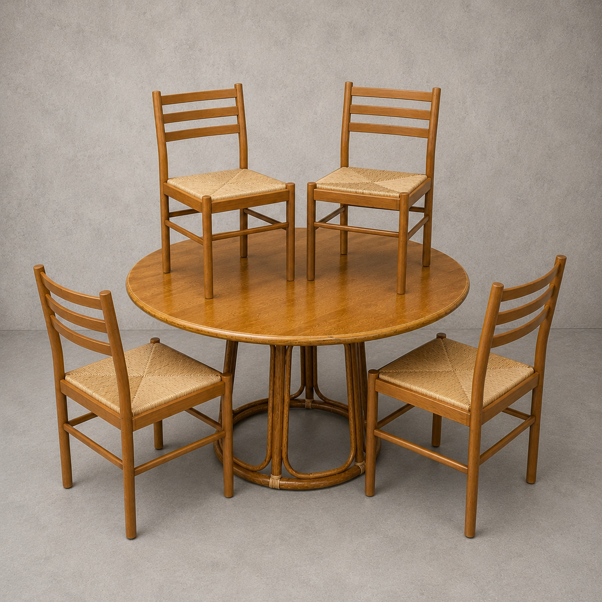 Vintage Italian Bamboo & Oak Round Dining Table with Four Beech & Rattan Chairs