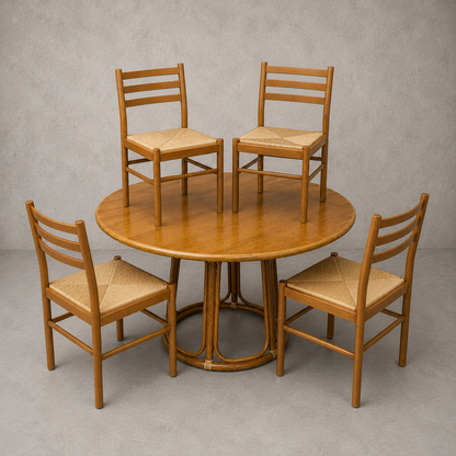 Vintage Italian Bamboo & Oak Round Dining Table with Four Beech & Rattan Chairs