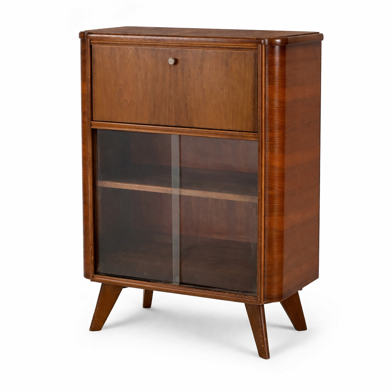 Art Deco Walnut Bureau Drinks Cabinet with Glazed Display