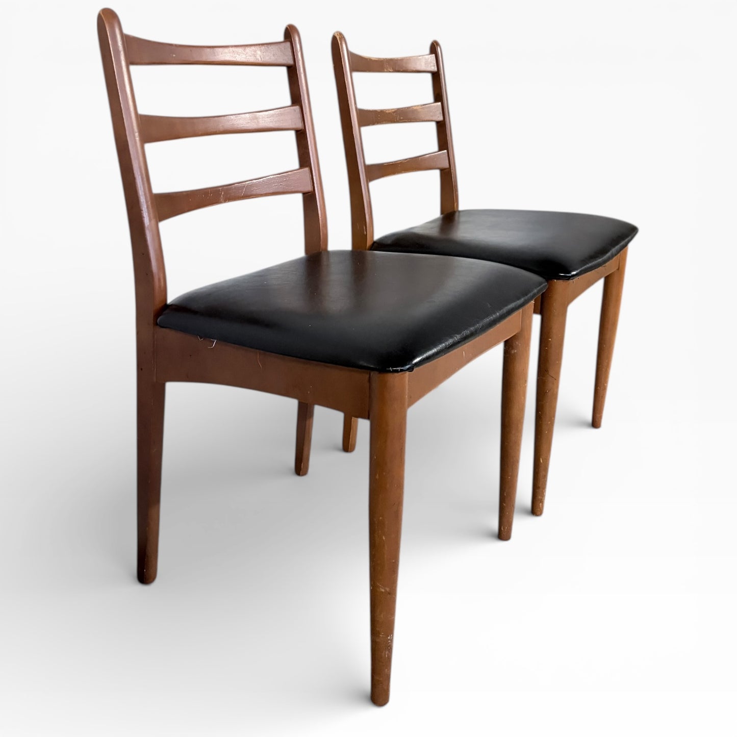 Mid Century Dining Chairs – Teak Ladder Back with Black Vinyl Seats, Vintage Comfort