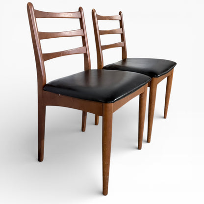 Mid Century Dining Chairs – Teak Ladder Back with Black Vinyl Seats, Vintage Comfort