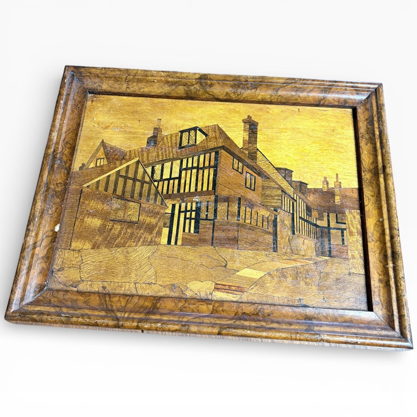 Antique Architectural Wood Marquetry Panel with Walnut Frame