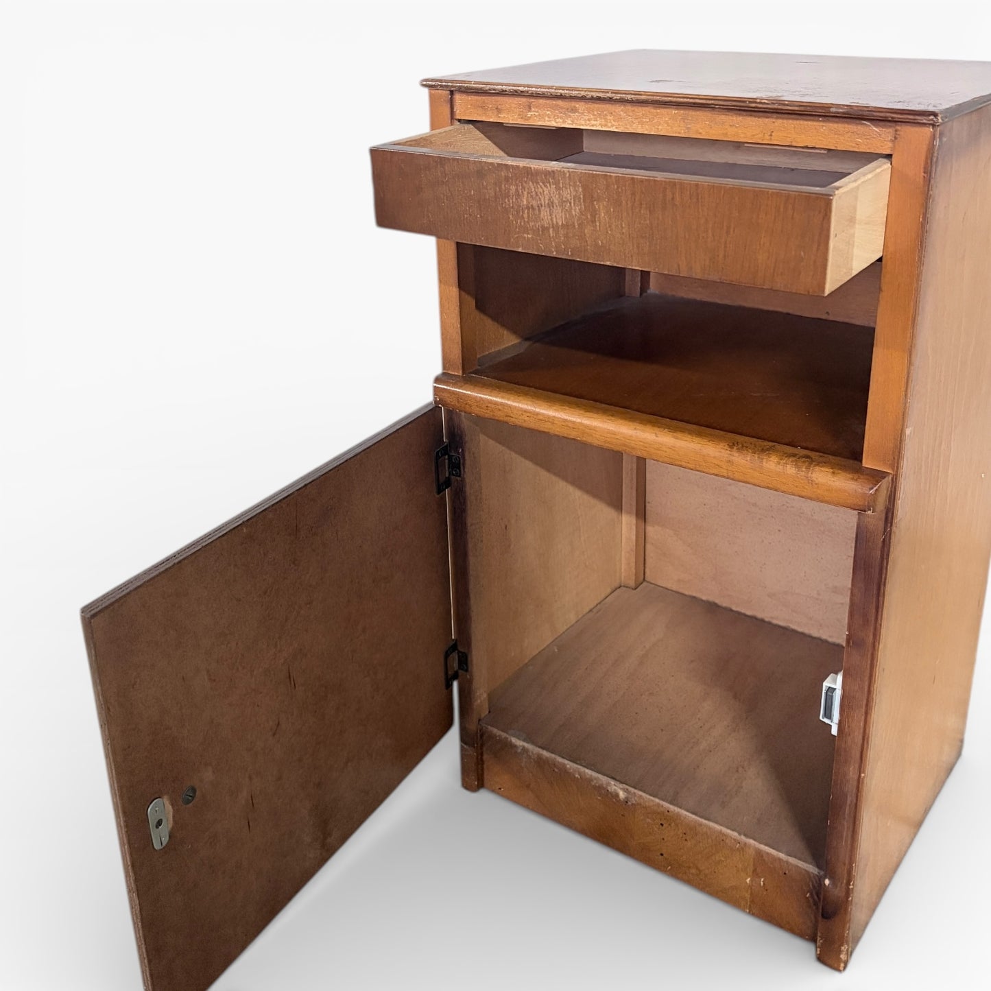 Vintage Oak Bedside Cabinet – Compact Storage with Brass Handle Drawer