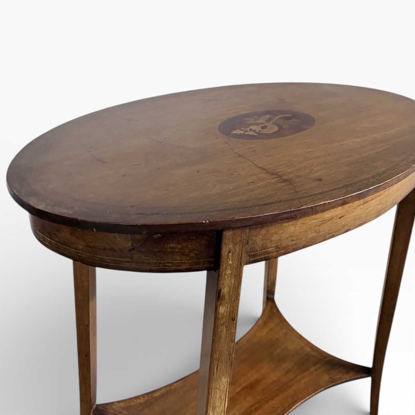 Edwardian Side Table - Antique Oval Wood Table with Decorative Inlay and Tapered Legs