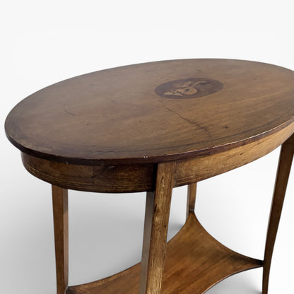Edwardian Side Table - Antique Oval Wood Table with Decorative Inlay and Tapered Legs
