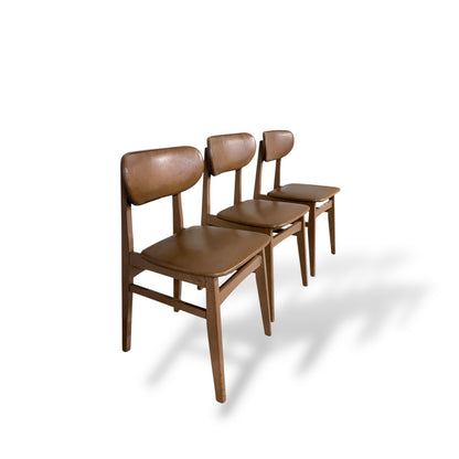 Set of Three Schreiber Dining Chairs – Mid Century Teak & Vinyl Chairs