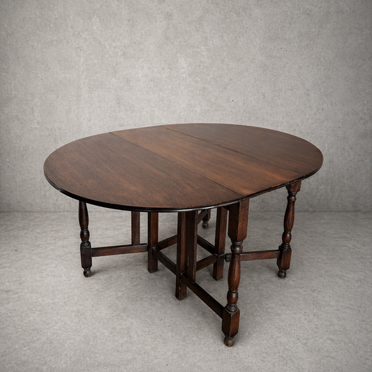 Vintage Oak Drop Leaf Dining Table – Round Gateleg Extending Table
