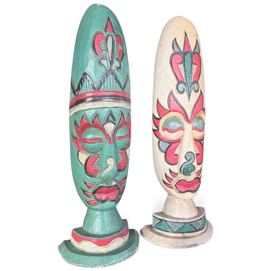 Hand Carved Wooden Sculptures – Mid Century Folk Art Painted Heads