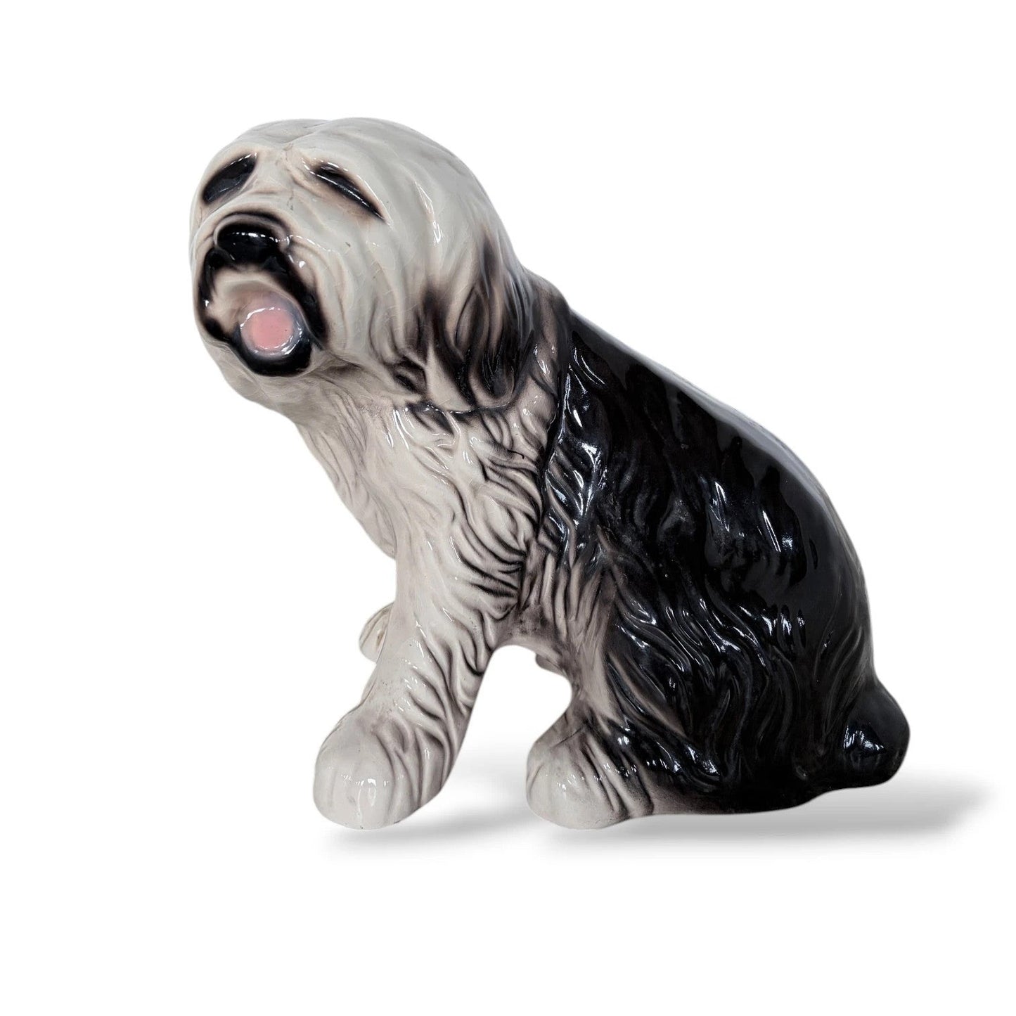 Large Vintage Old English Sheepdog Ceramic Statue – Mid-Century Black & White Glazed Dog Sculpture