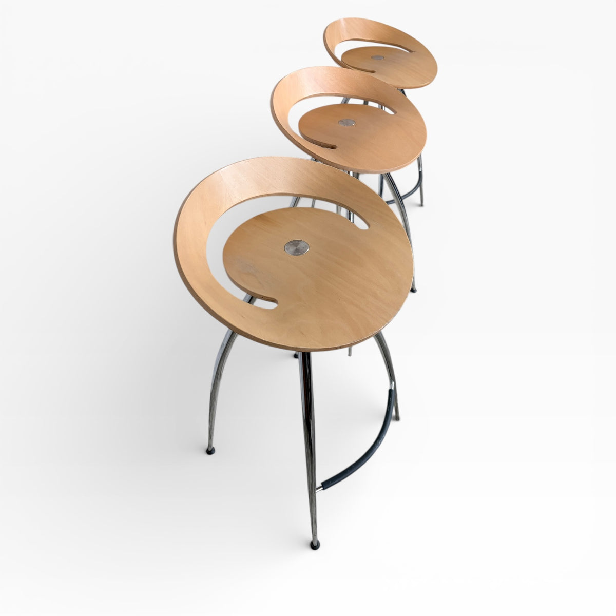 Mid Century Bar Stools – Magis Lyra Italian Chrome & Beech Wood Set of Three