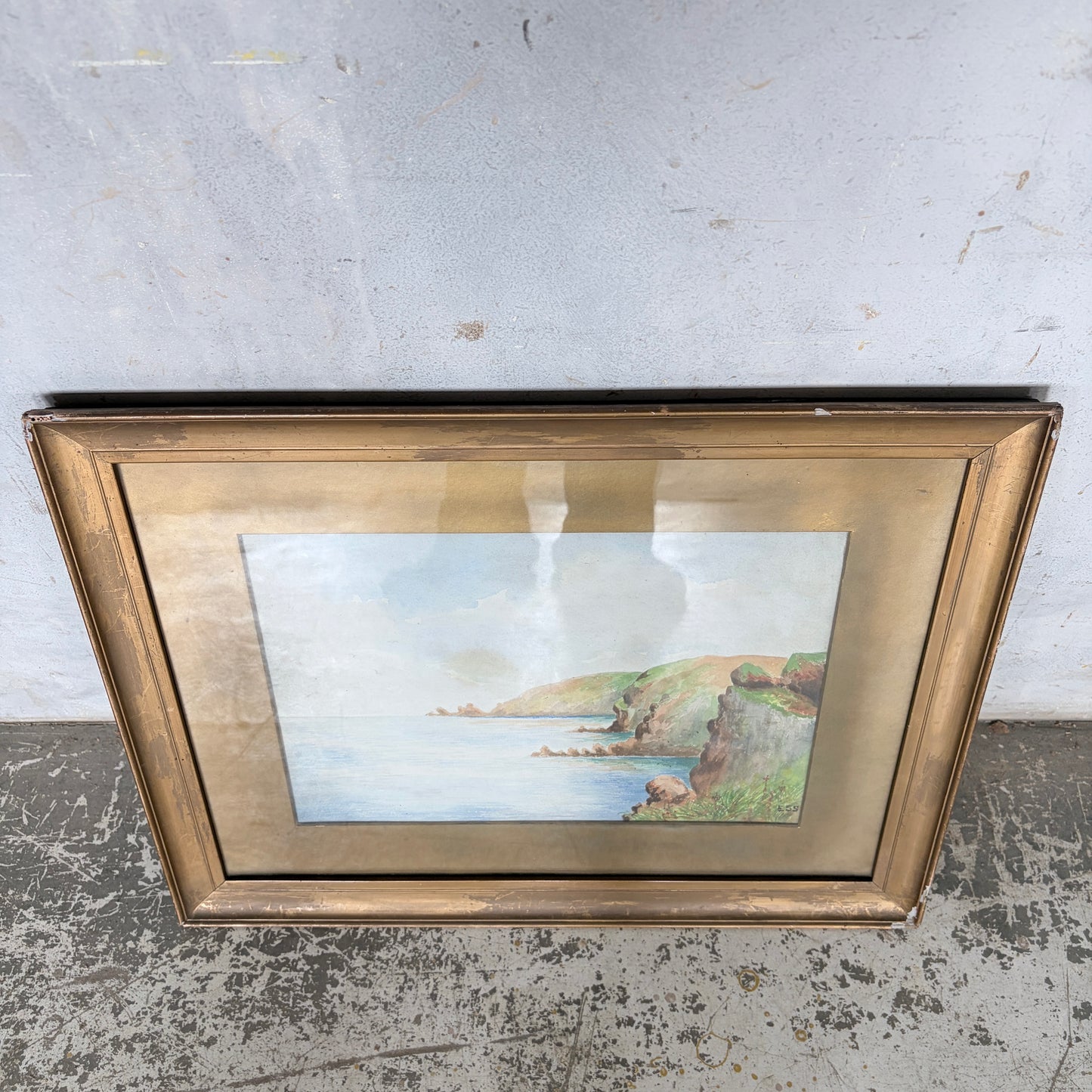 1950s Coastal Watercolour Landscape Painting in Original Gilt Frame