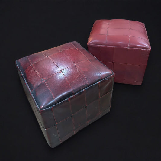 Vintage Pair of Danish Patchwork Leather Cube Ottoman Footstools
