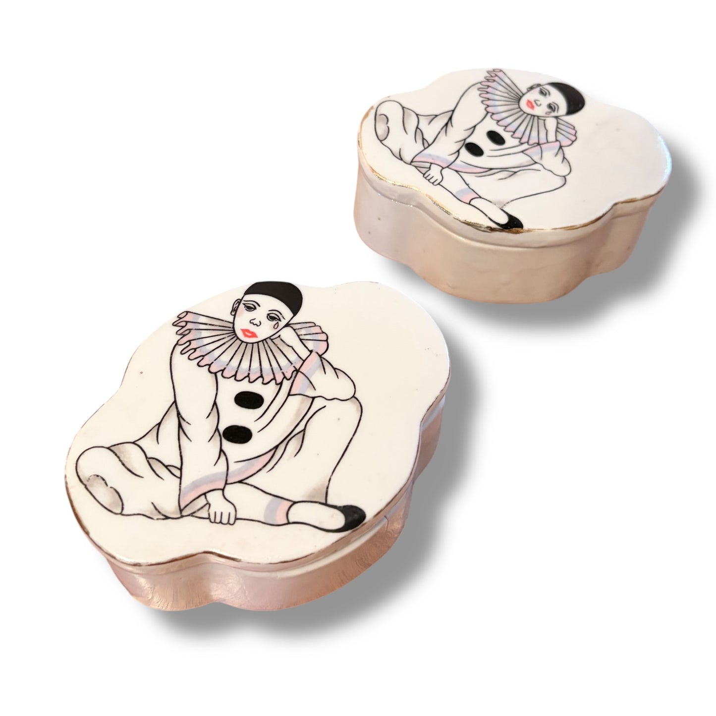 Vintage Pierrot Clown Porcelain Trinket Boxes – Pair