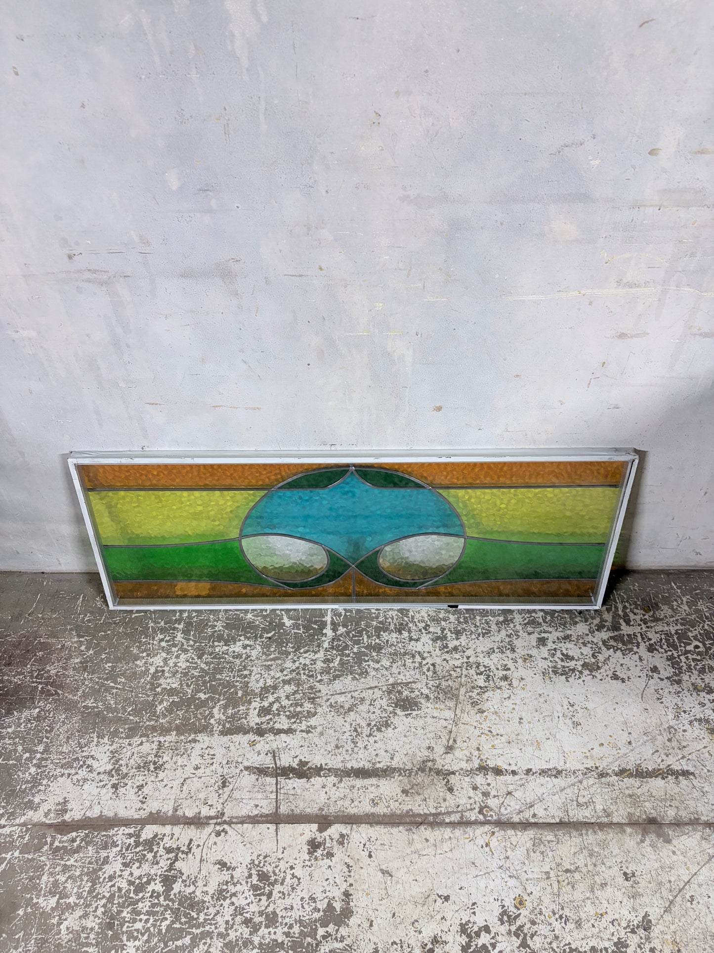 Vintage Stained Glass Window Panel – Mid Century Geometric Design