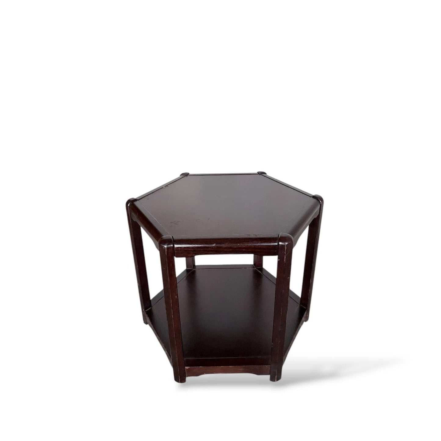 Mid Century Danish Hexagonal Coffee Table in Dark Wood with Lower Shelf