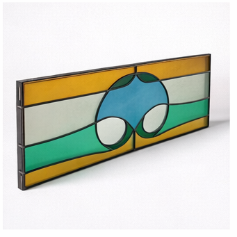 Vintage Stained Glass Window Panel – Geometric Leaded Glass in Green, Amber & Blue