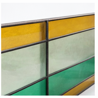 Vintage Stained Glass Window Panel – Geometric Leaded Glass in Green, Amber & Blue