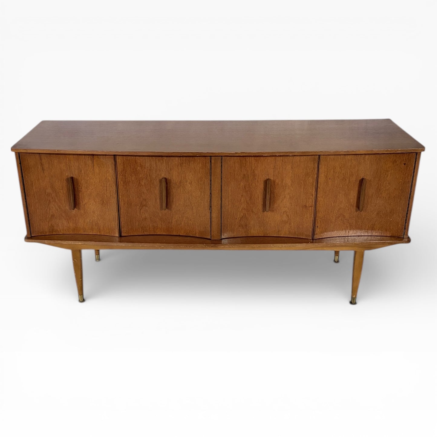 Mid Century Teak Sideboard – Curved Front, Brass Feet | Vintage 1960s Storage Unit