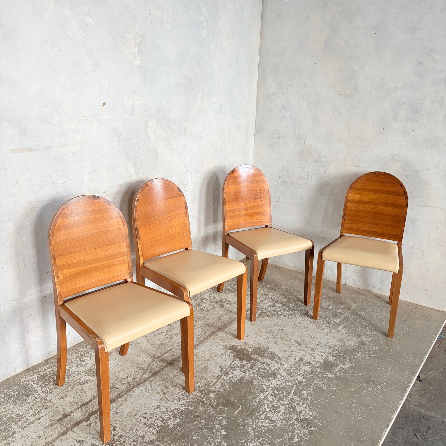 Set of Four Art Deco Burr Walnut Dining Chairs with Cream Upholstered Seats