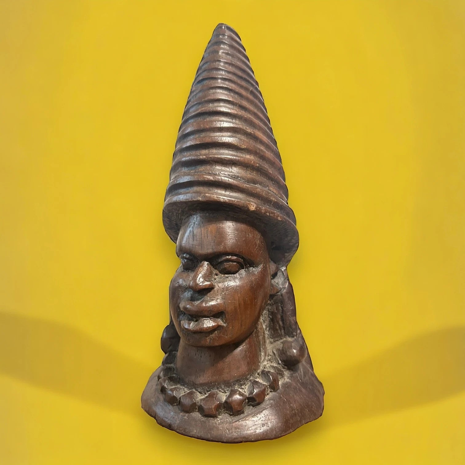 African Hand-Carved Wooden Bust Sculpture with Conical Headdress – Tribal Art — view 9