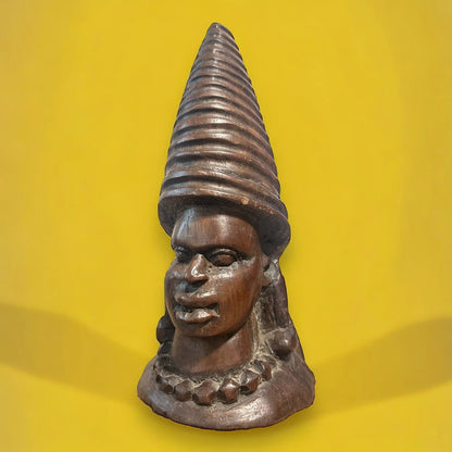 African Hand-Carved Wooden Bust Sculpture with Conical Headdress – Tribal Art — view 9