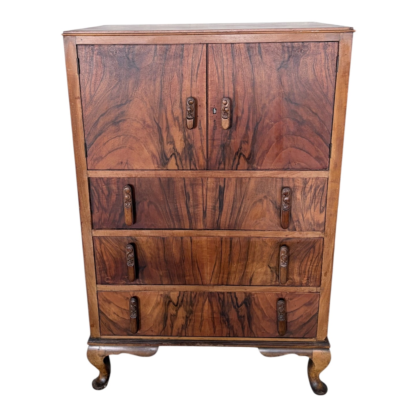 Art Deco Walnut Tallboy Chest of Drawers with Cabinet Top