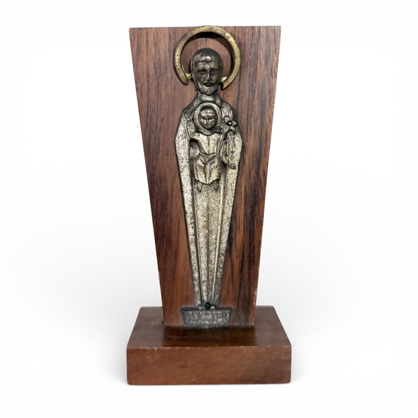 Mid Century Religious Sculpture – St Joseph Statue with Christ Child on Solid Wood Plinth