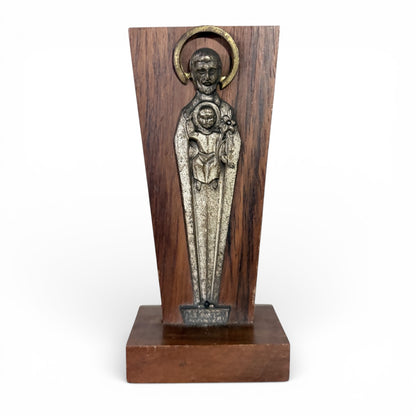 Mid Century Religious Sculpture – St Joseph Statue with Christ Child on Solid Wood Plinth
