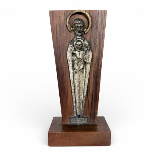 Mid Century Religious Sculpture – St Joseph Statue with Christ Child on Solid Wood Plinth