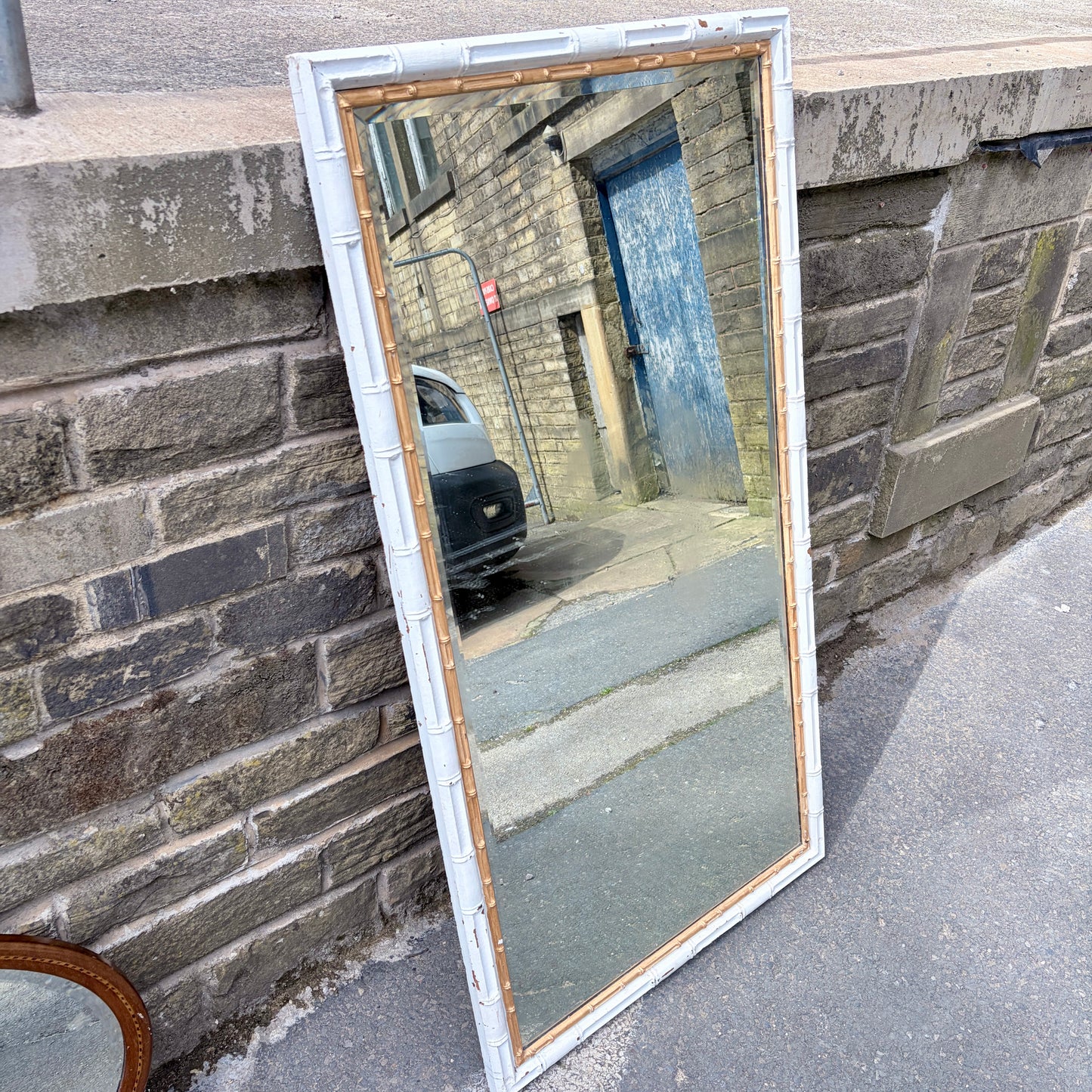 Mid Century Tall Faux Bamboo Floor Mirror in White & Gilt