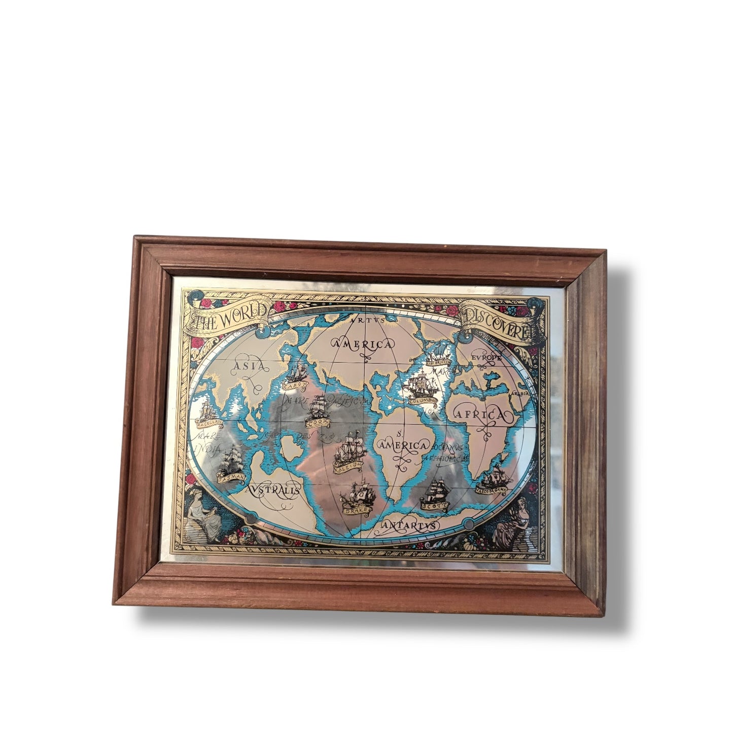 Vintage World Map Mirror in Solid Wood Frame
