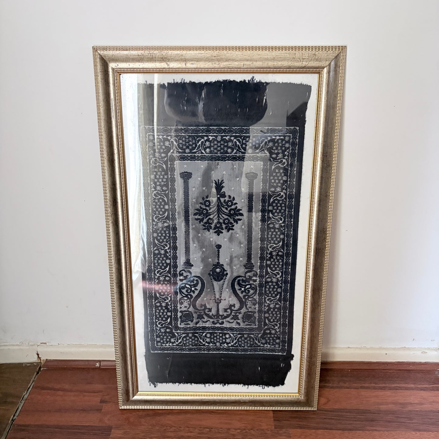 Framed Vintage Islamic Prayer Rug Woven Textile Wall Art Gold Frame