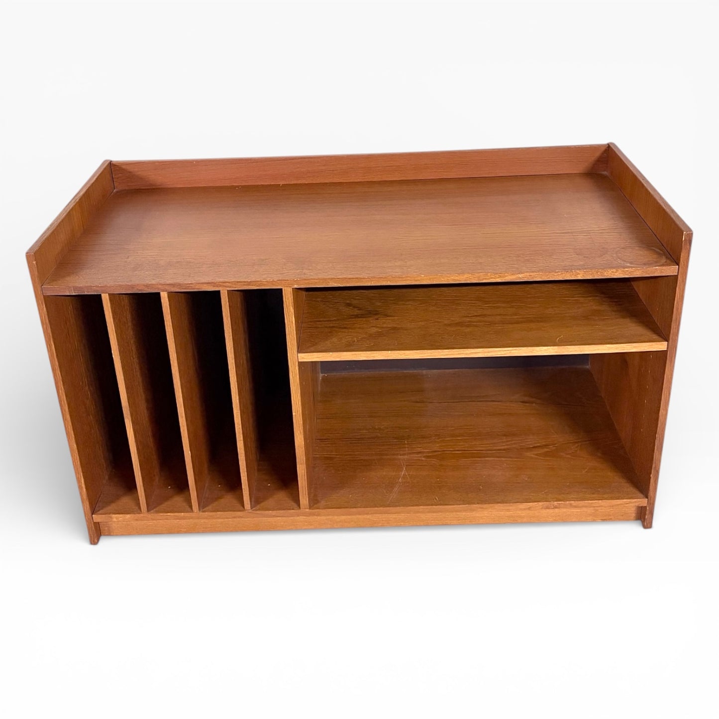Danish Teak Media Unit – Mid Century Cabinet with Vinyl Storage & Open Shelving