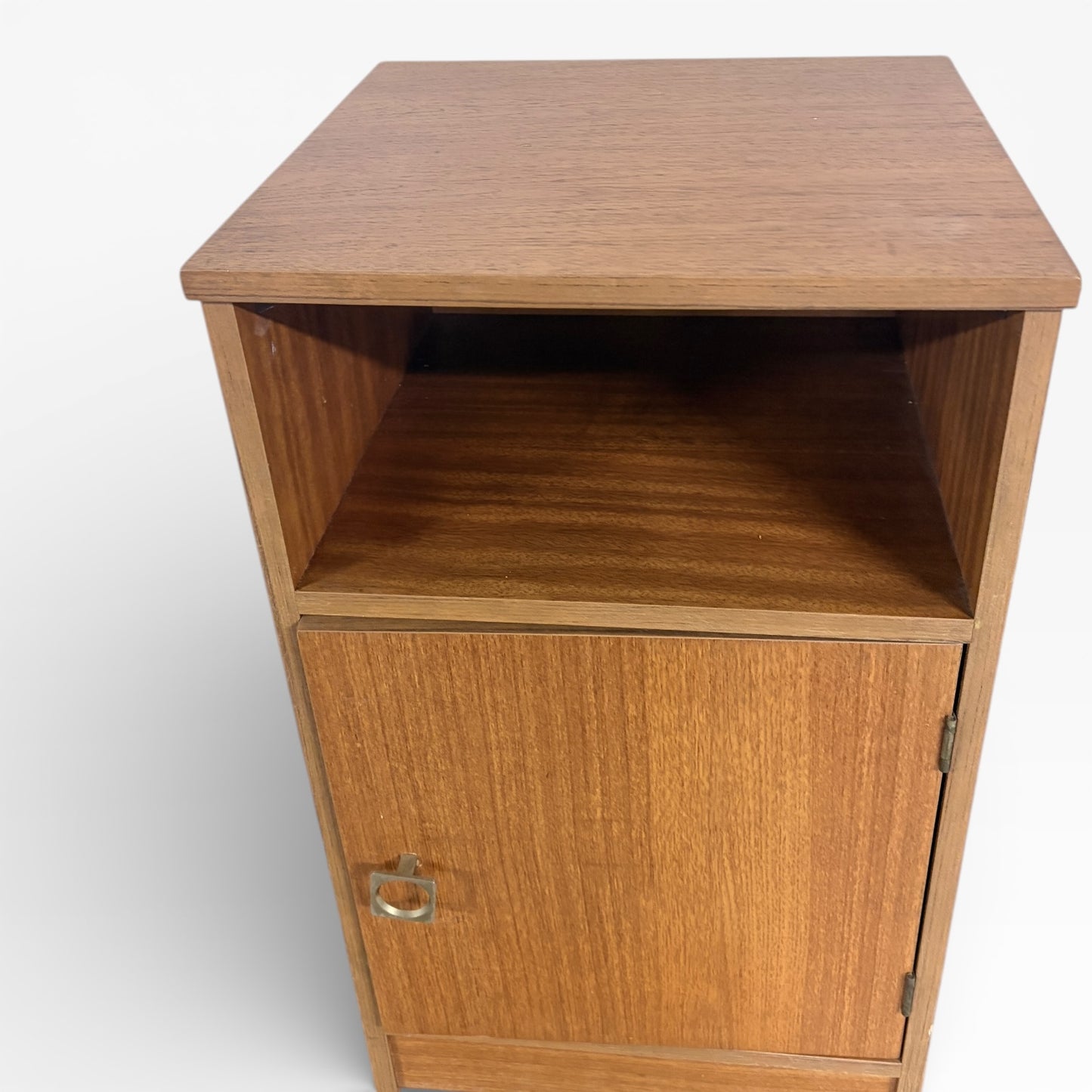Mid Century Bedside Cabinet | Teak Stag Nightstand with Open Shelf & Cupboard