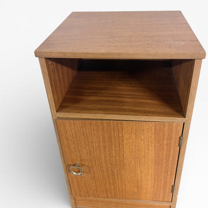 Mid Century Bedside Cabinet | Teak Stag Nightstand with Open Shelf & Cupboard