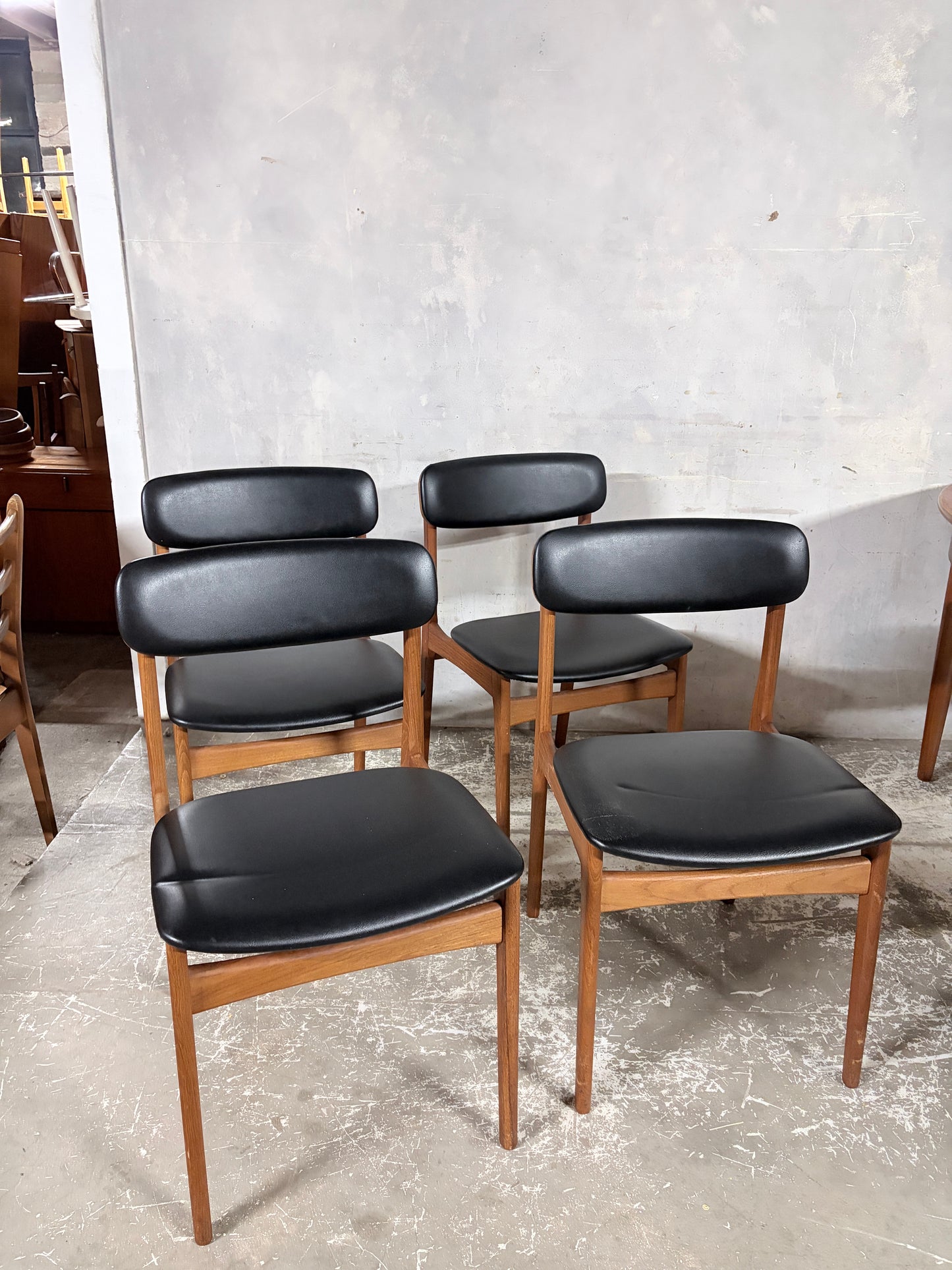 Mid Century Danish Teak Dining Chairs – Set of 4 Black Vinyl Seats
