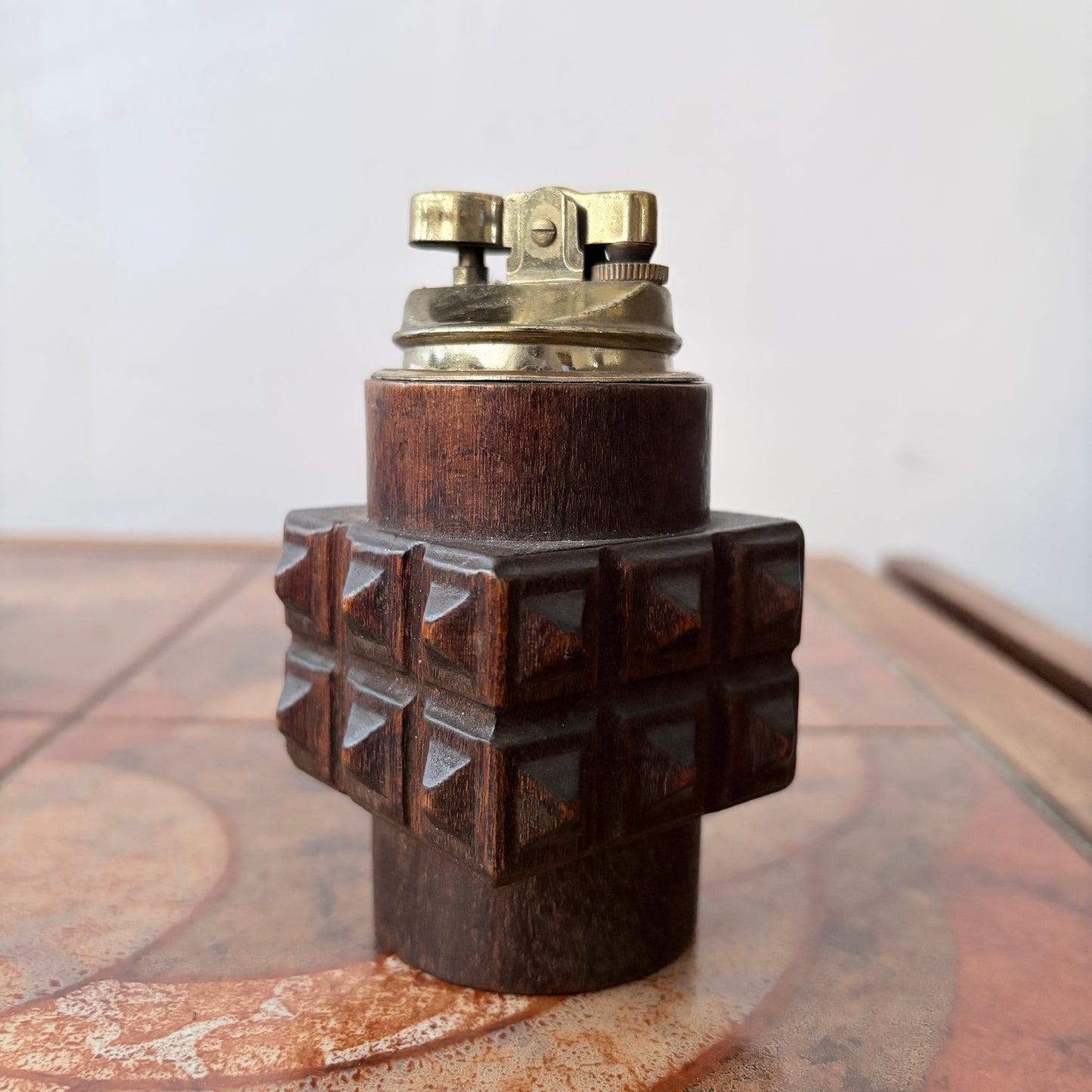 Vintage Brutalist Carved Wood Table Lighter – Mid-Century